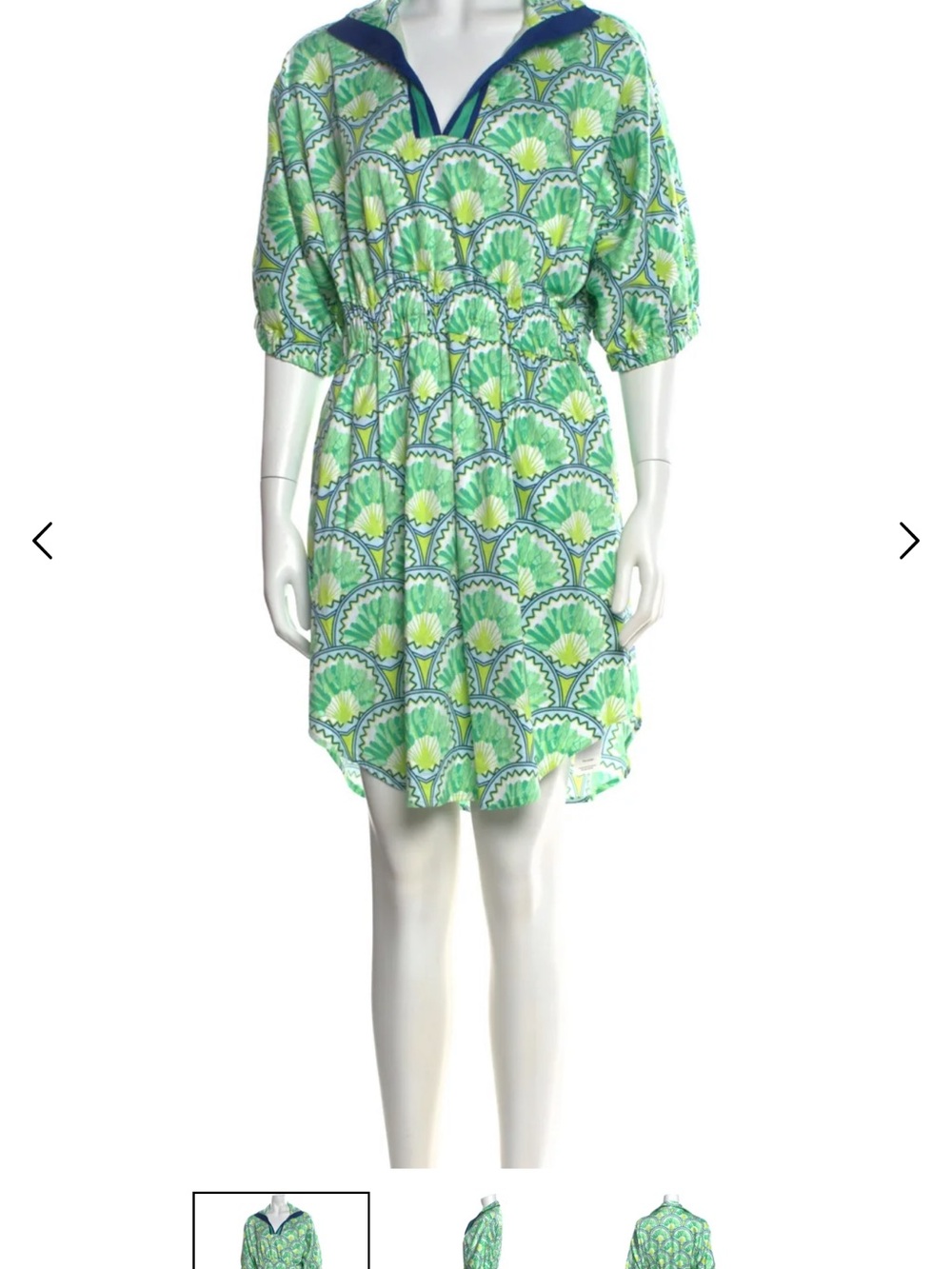 Emily McCarthy green Printed Short-Sleeve caftan Dress with Contrast V-Neck NWT